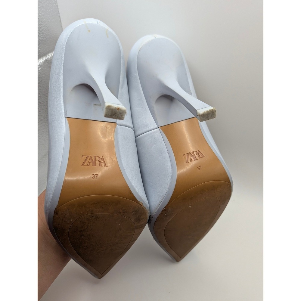 Baby Blue Leather Pointed Toe Stiletto Pumps Zara Heels Size 37 - Picture 2 of 11